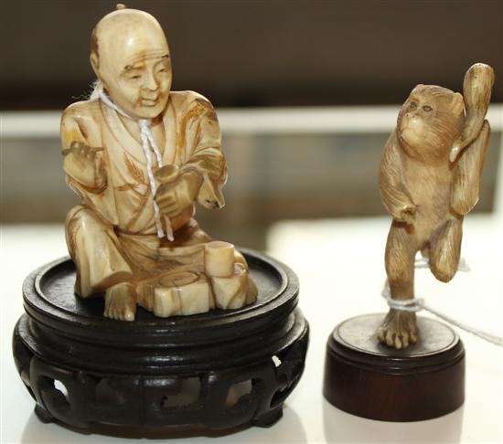 Japanese Meiji ivory carving of a seated scribe & another of a dancing monkey (faults)